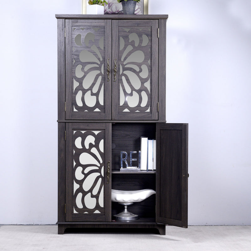 Modern Sideboard Buffet With 4 Mirrored Doors, Adjustable Shelves