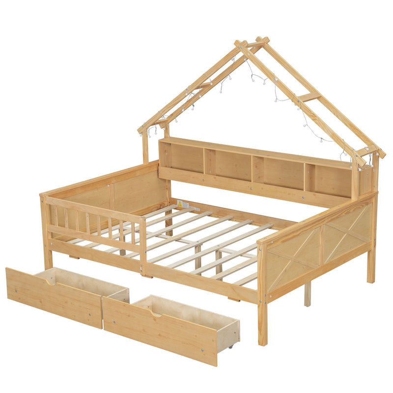 House Style Platform Bed With LED Lights, Storage Shelves, Drawers, And Guardrail