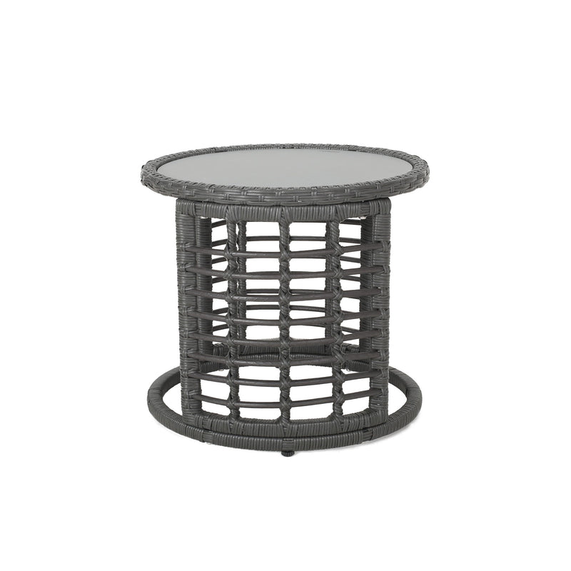 Achill - Outdoor Modern Boho Wicker Side Table With Glass Top - Gray