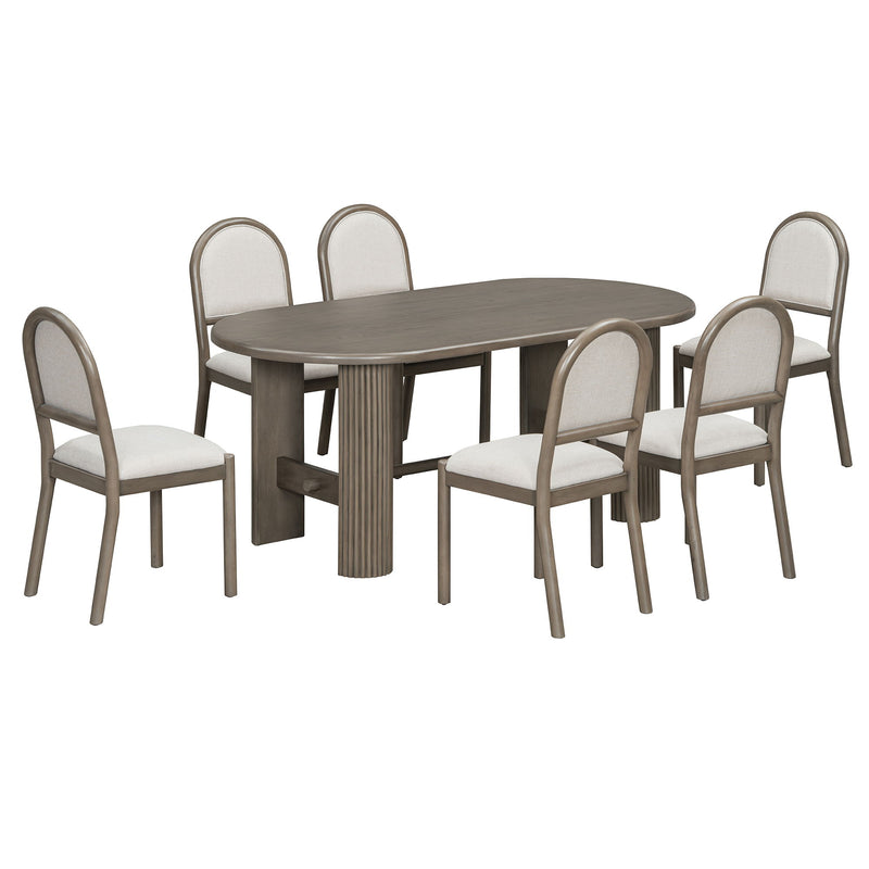Oval Dining Table Set For 6 With Fluted Pedestal Base, 7 Piece Set Including 6 Upholstered Chairs