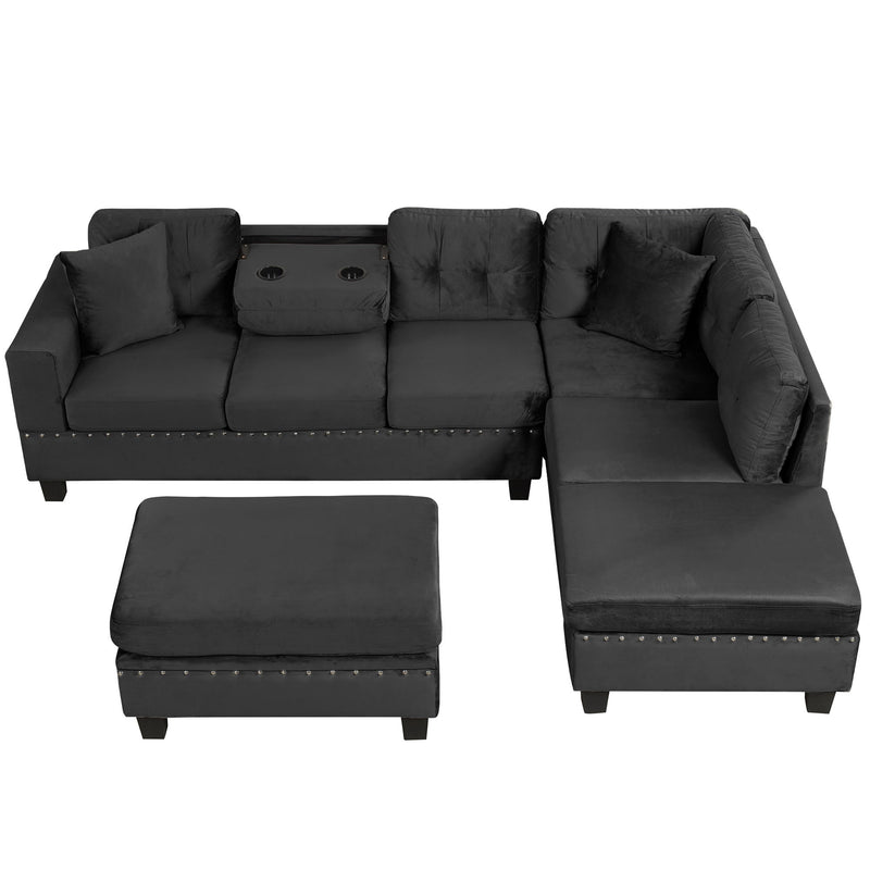 Modern Sectional Sofa With Storage Ottoman, L - Shape Couch With 2 Pillows And Cup Holders