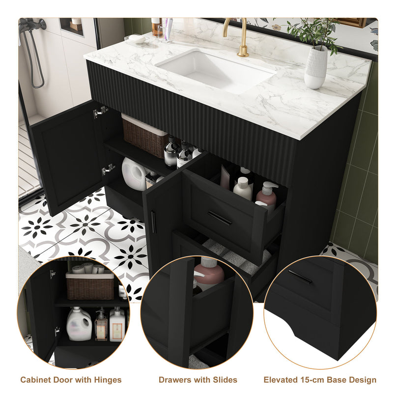 Bathroom Vanity, Fluted Cabinet, Soft Close Doors & Drawers, Single Faucet Hole, Sink Included - Black