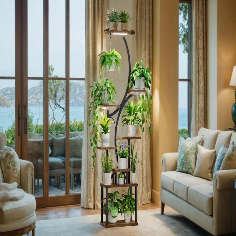 8 Tier Indoor Plant Stand With Grow Lights, S Shaped Metal Shelf For Multiple Plants - Black / Dark Walnut