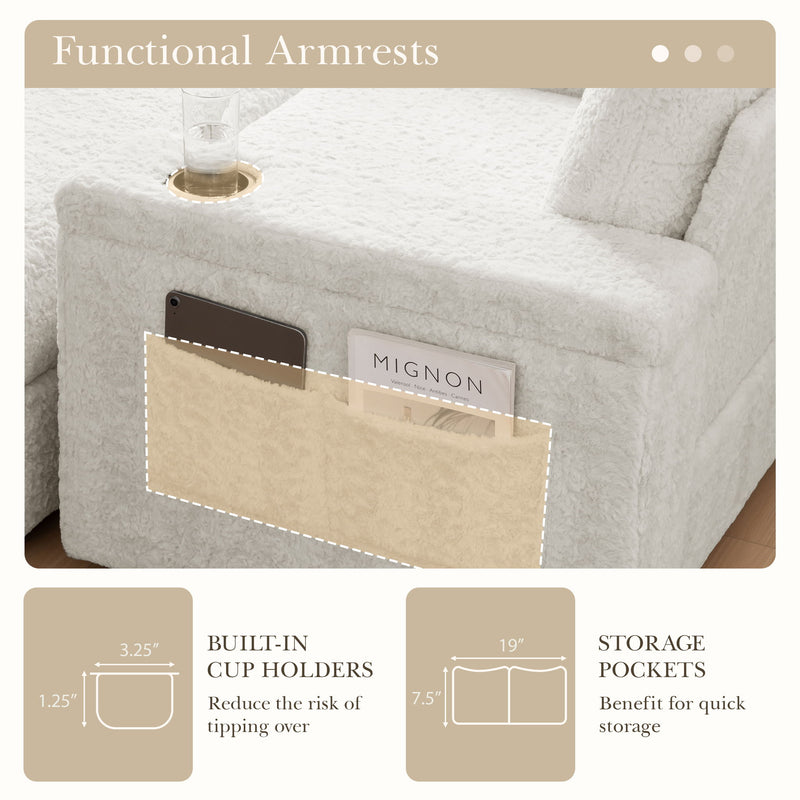 Oversized Chaise Lounge Indoor Rabbit Fur Sofa Bed With Storage Ottoman And Armrests Cup Holders With Deep Seat