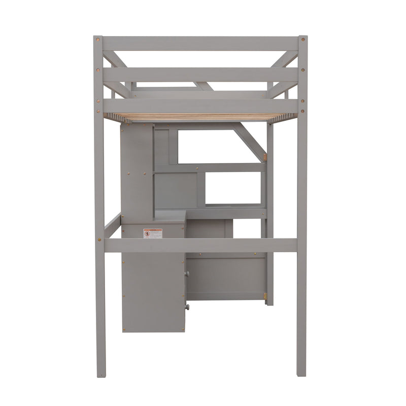 Loft Bed With Stand Alone Bed, Storage Staircase, Desk, Shelves, And Drawers