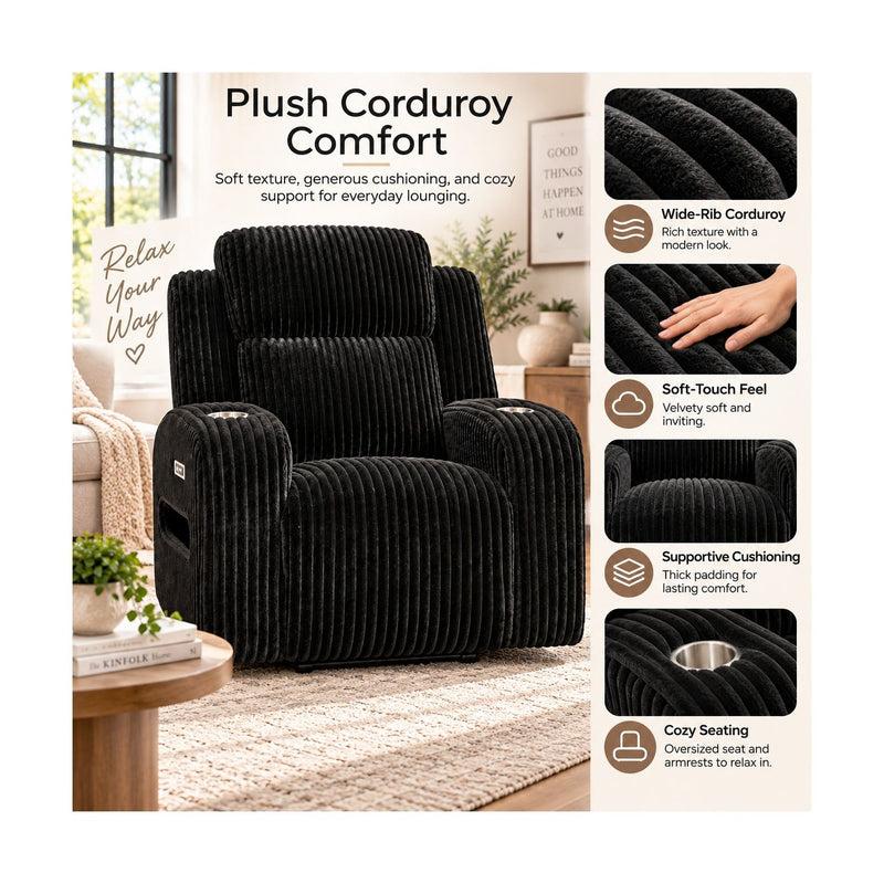 Power Recliner With Cup Holders And Ambient LED Lighting - Black