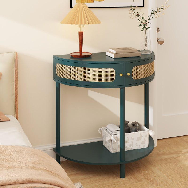 Boho Rattan Semi Circle End Table With Sliding Rattan Door, Storage And Bottom Shelf