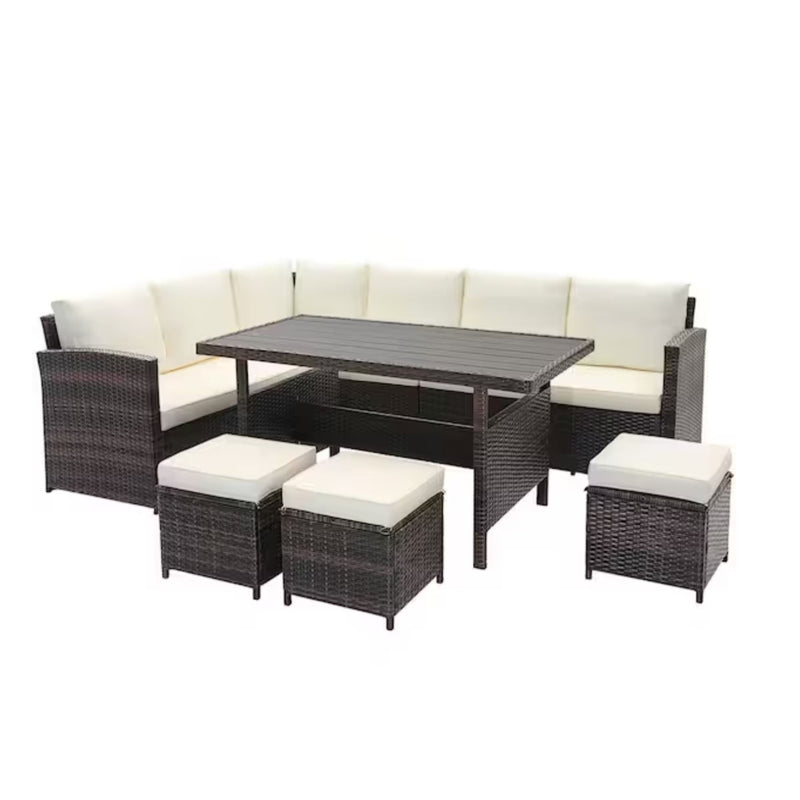 7 Piece Outdoor Dining Set With Cushions, Modular Sectional Sofa And Table