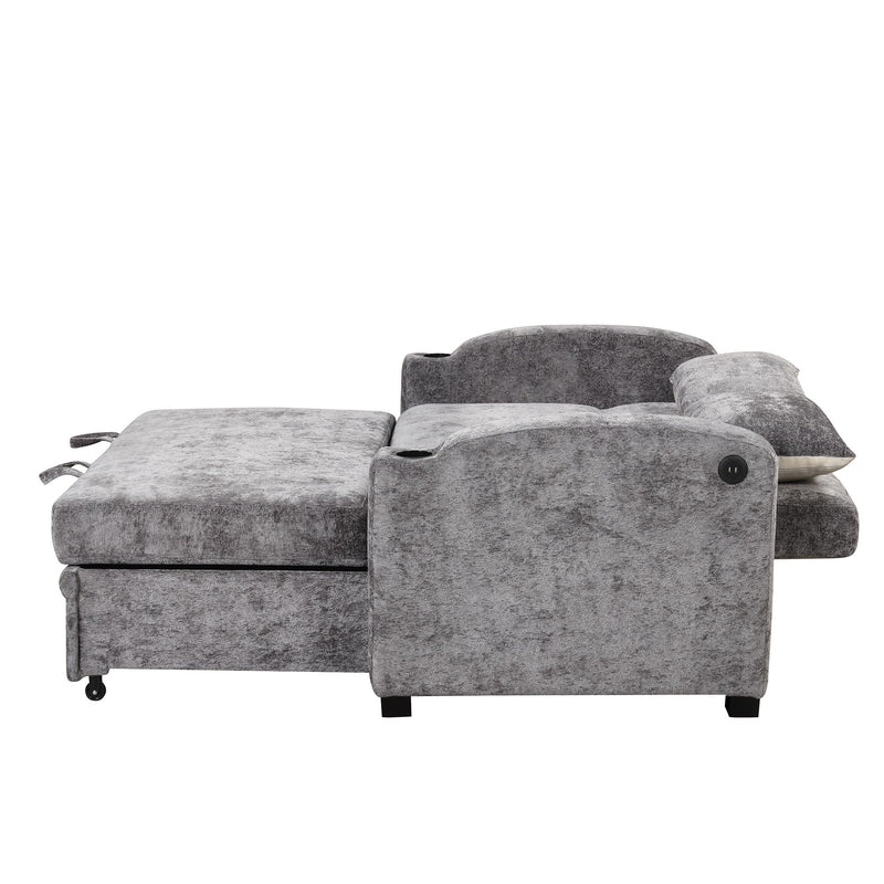 Pull Out Loveseat Sofa With Adjsutable Backrest, 2 Pillows, Cup Holders, USB Ports For Living Room
