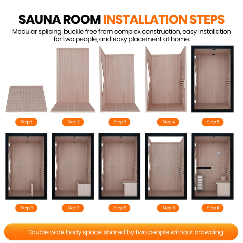 Double Indoor Stove Sauna Room With LED Lighting - Almond