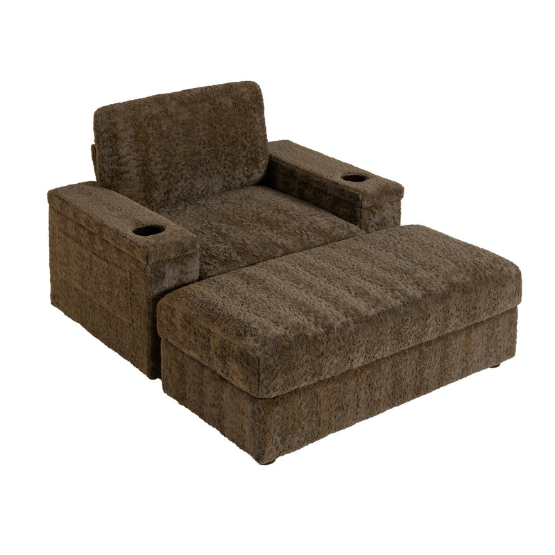 Oversized Chaise Lounge Indoor Rabbit Fur Sofa Bed With Storage Ottoman And Armrests Cup Holders With Deep Seat