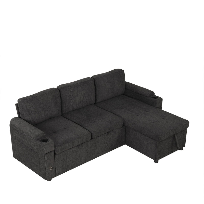 Convertible L Shaped Sofa Couch With Storage, Cup Holders, USB Ports