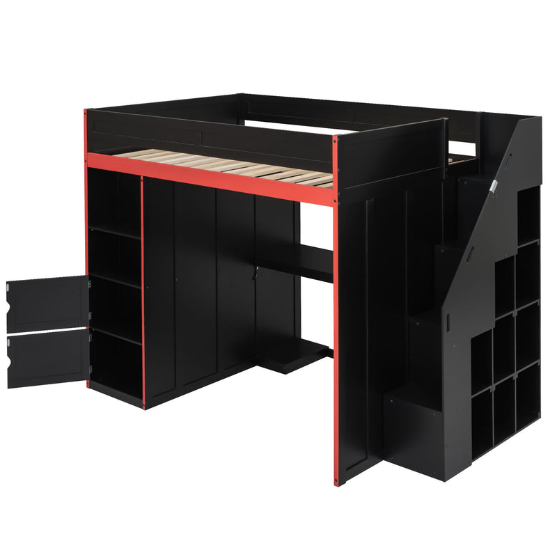 Gaming Loft Bed With Desk And Storage, LED Lights