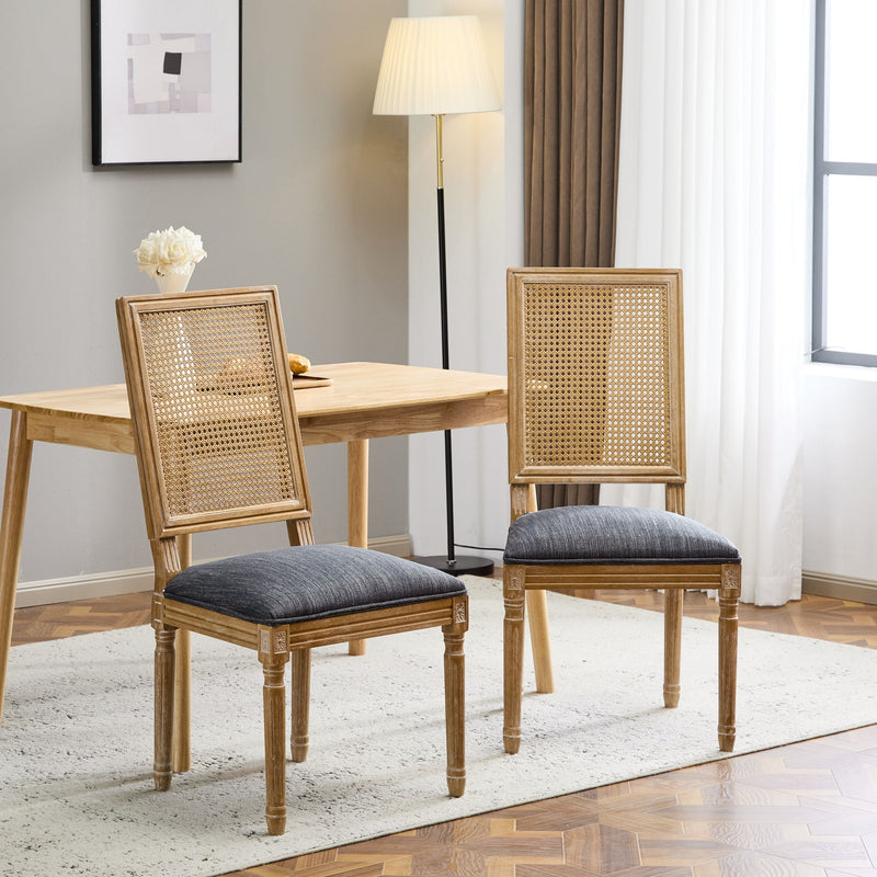 French Country Dining Chair With Rectangular Cane Backrest And Smooth Upholstered Seating