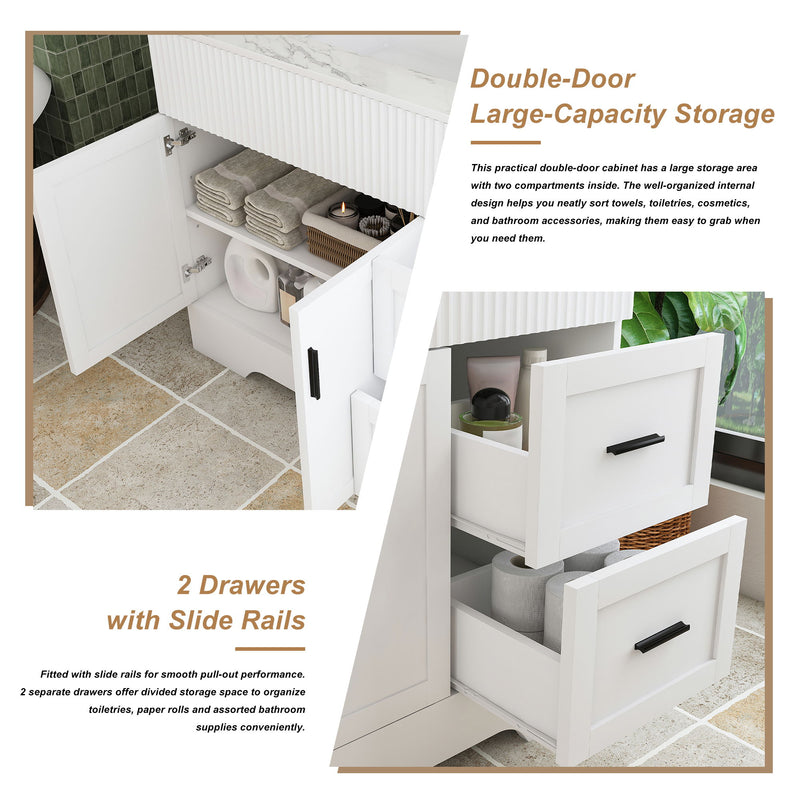 Bathroom Vanity Set, Fluted Cabinet, Soft Close Doors & Drawers, Single Faucet Hole, Sink Included - White