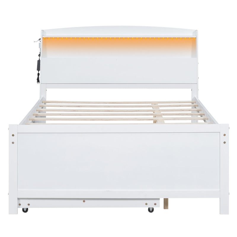 Full Size Platform Bed With Storage LED Headboard, Twin Trundle And 3 Drawers - White