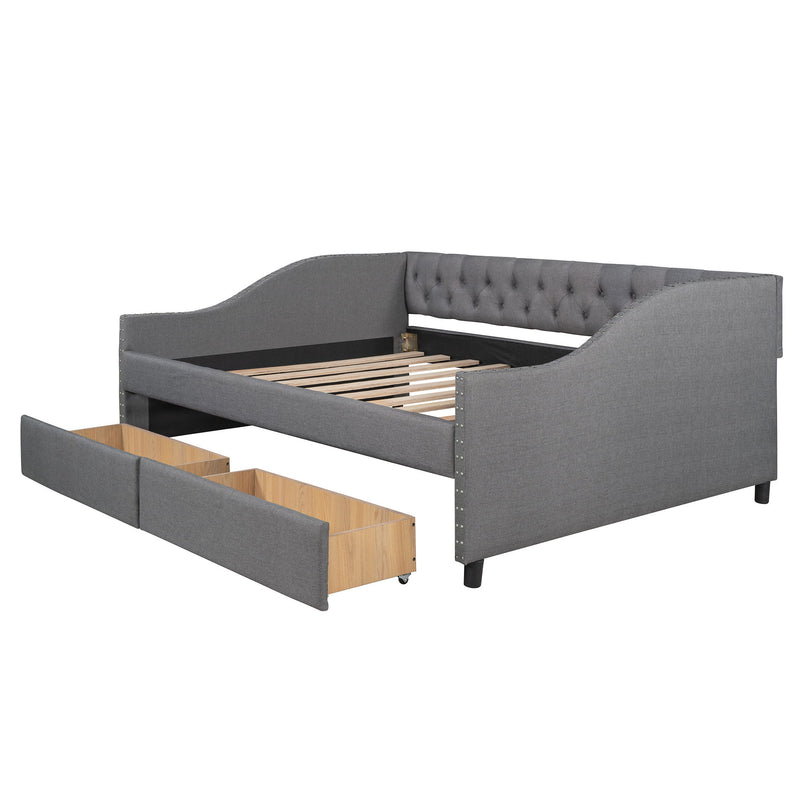 Upholstered Daybed With Two Drawers, Wood Slat Support