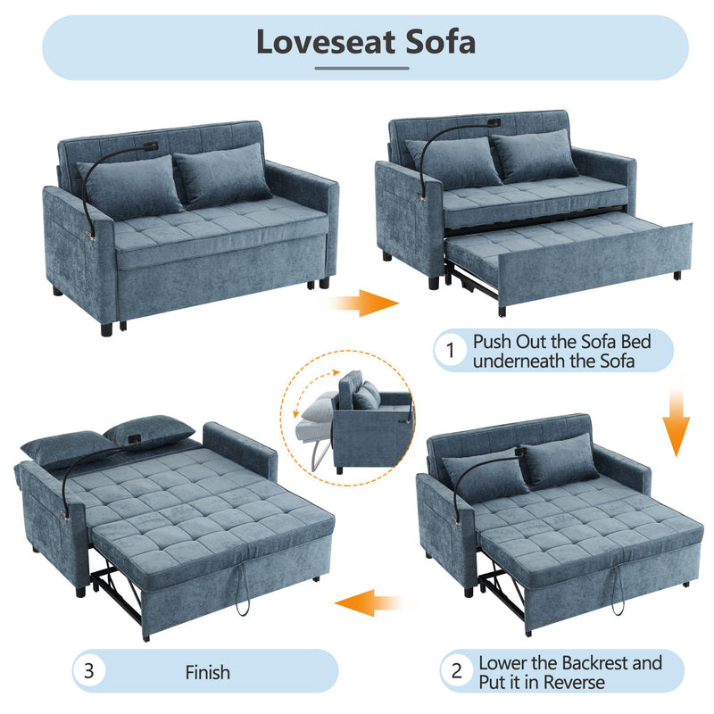 Pull-Out Sleeper Sofa With Reversible Backrest Cushion, Side Pockets, 2 USB Ports And A Phone Holder For Living Room