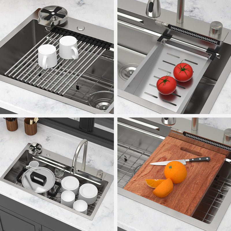33" Stainless Steel Single Bowl Kitchen Sink With Waterfall Flow