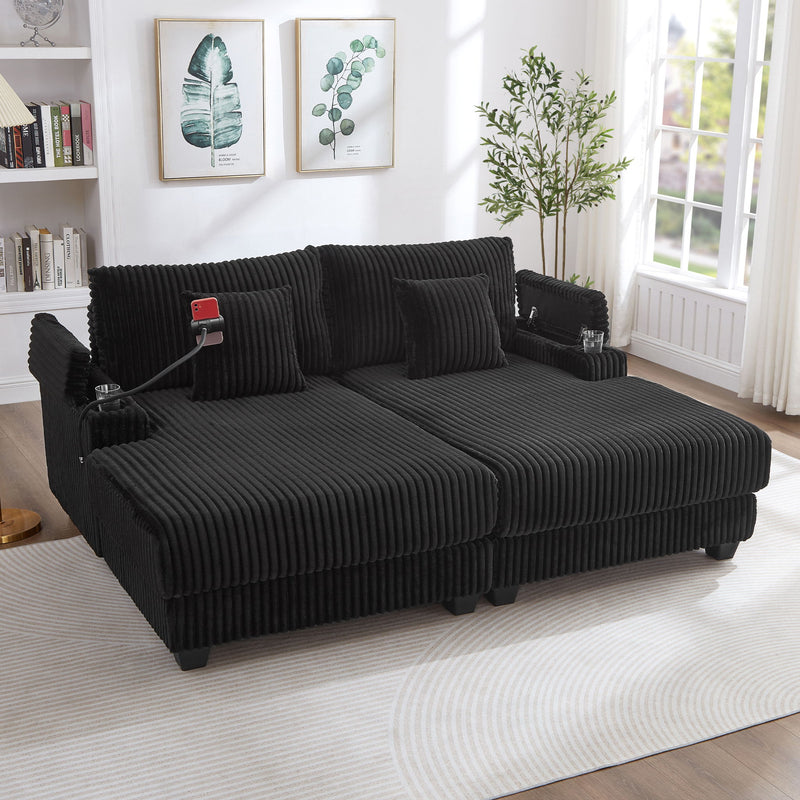 Modern Chaise Sofa With Adjustable Backrest, Cup Holders, Phone Holder & Storage Compartments For Living Room