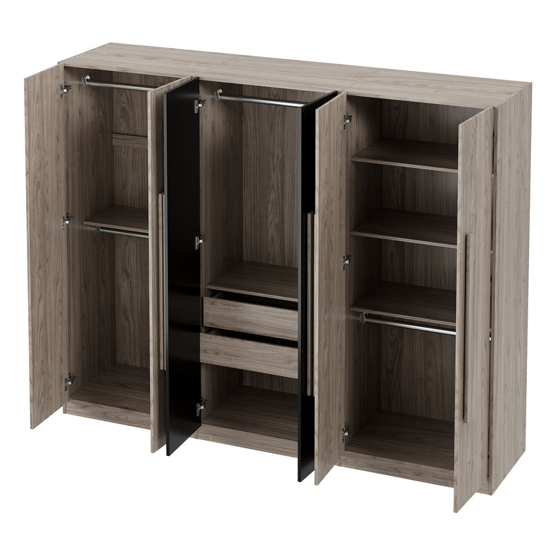 6 Doors Wardrobe Storage For Bedroom, With 2 Drawers Inside - Black / Nature