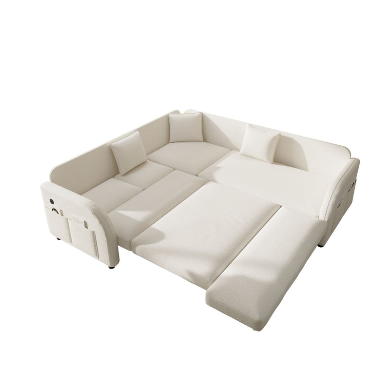 L-Shaped Couch With Pull-Out Bed, Oversize Convertible Sleeper Sofa With Side Pocket & USB Port