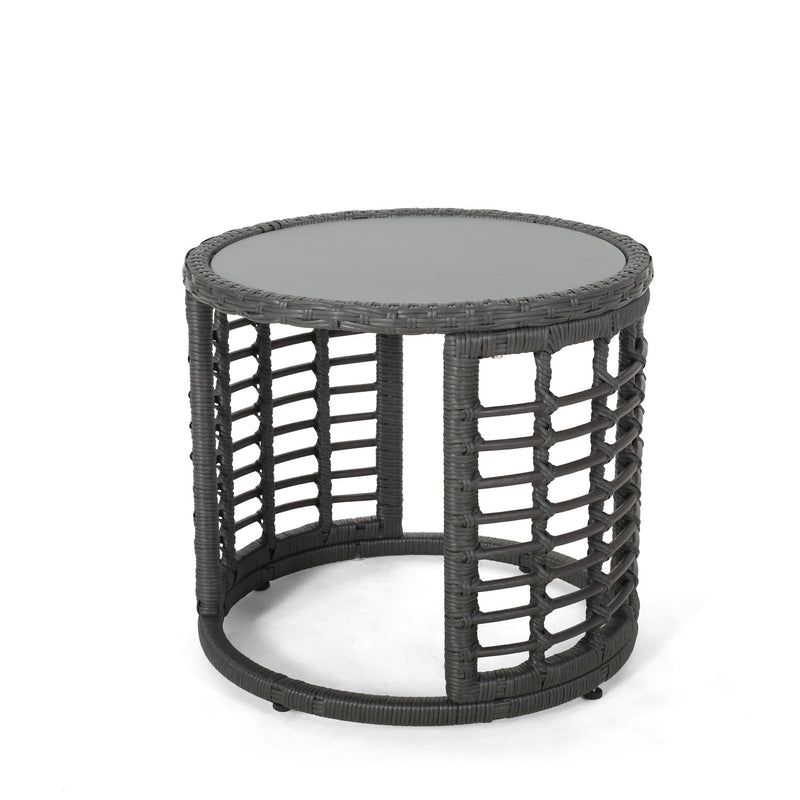 Achill - Outdoor Modern Boho Wicker Side Table With Glass Top - Gray