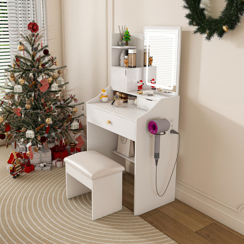 3 Color LED Vanity Mirror With Stool, 2 Drawers & 5 Storage Cabinets, Adjustable Lighting - White