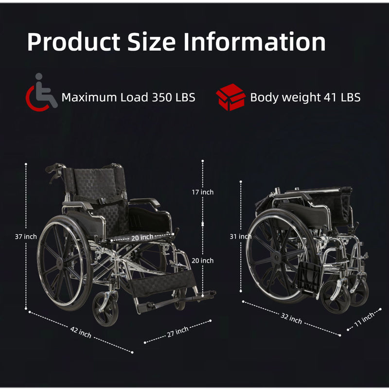 Heavy Duty Manual Wheelchair With Double X Force Support 24" Non Inflatable Tires Foldable Transport Wheelchair With Quick Release Wheels 350Lbs Capacity - Black / Silver