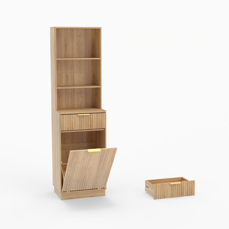 Tall Narrow Fluted Storage Cabinet With Trash Bin Compartment For Kitchen (Trash Can Not Included)