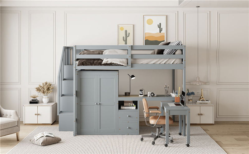 Loft Bed With Stairs, Bookshelf, Drawers, Desk & Wardrobe, Space Saving Multifunctional Furniture