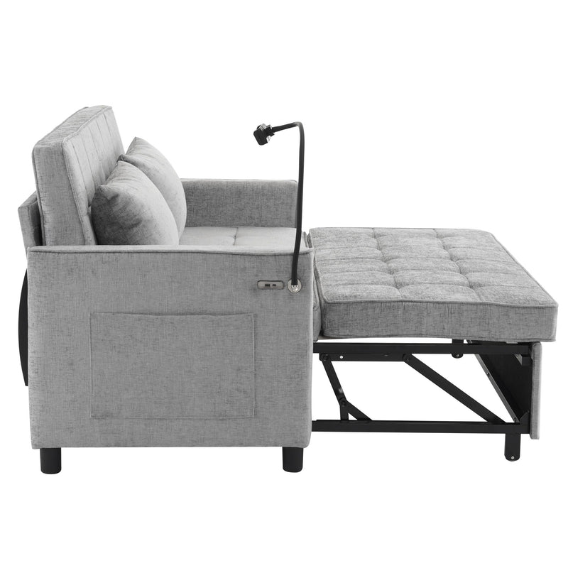 Pull-Out Sleeper Sofa With Reversible Backrest Cushion, Side Pockets, 2 USB Ports And A Phone Holder For Living Room