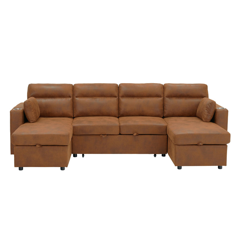 Convertible Sectional Sofa With Storage Chaise, Cup Holders And Pull Out Sleeper