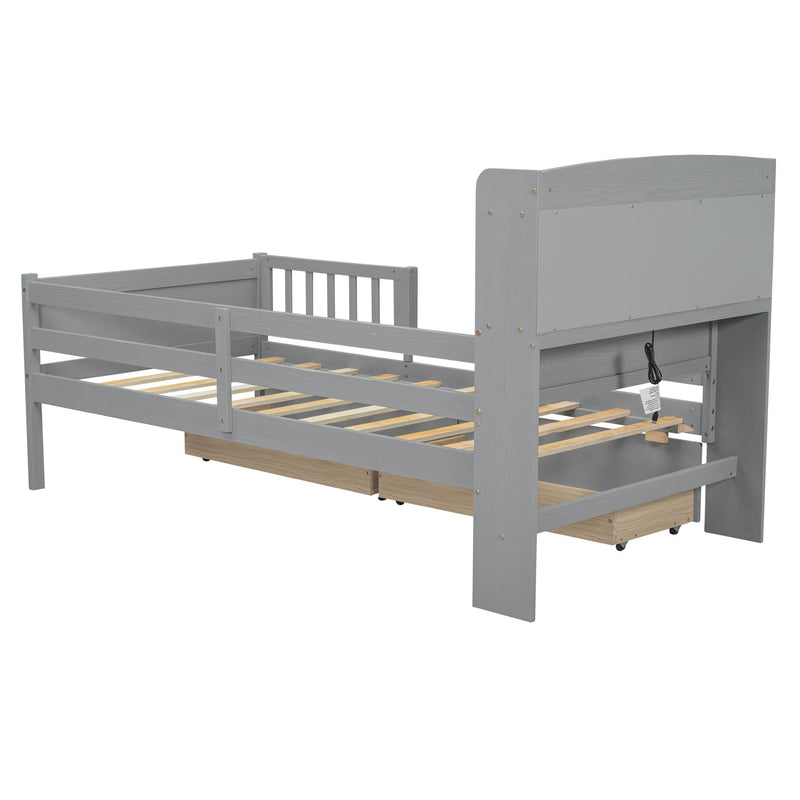 Platform Bed With LED Light, Multi Functional Headboard, Guardrail And 2 Drawers