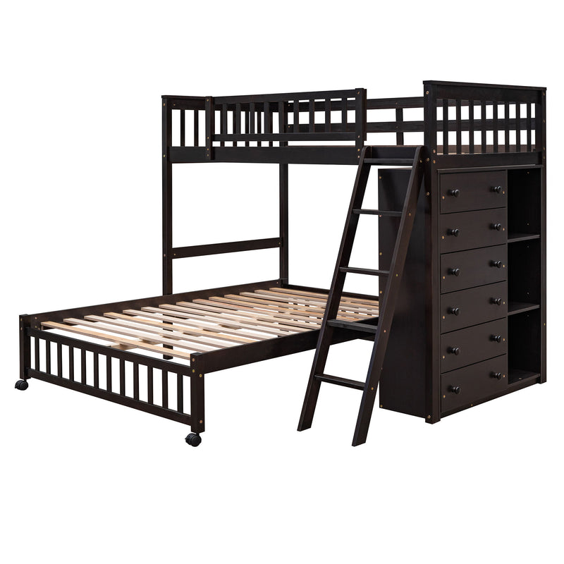 Bunk Bed With 6 Drawers And Flexible Shelves, Bottom Bed With Wheels
