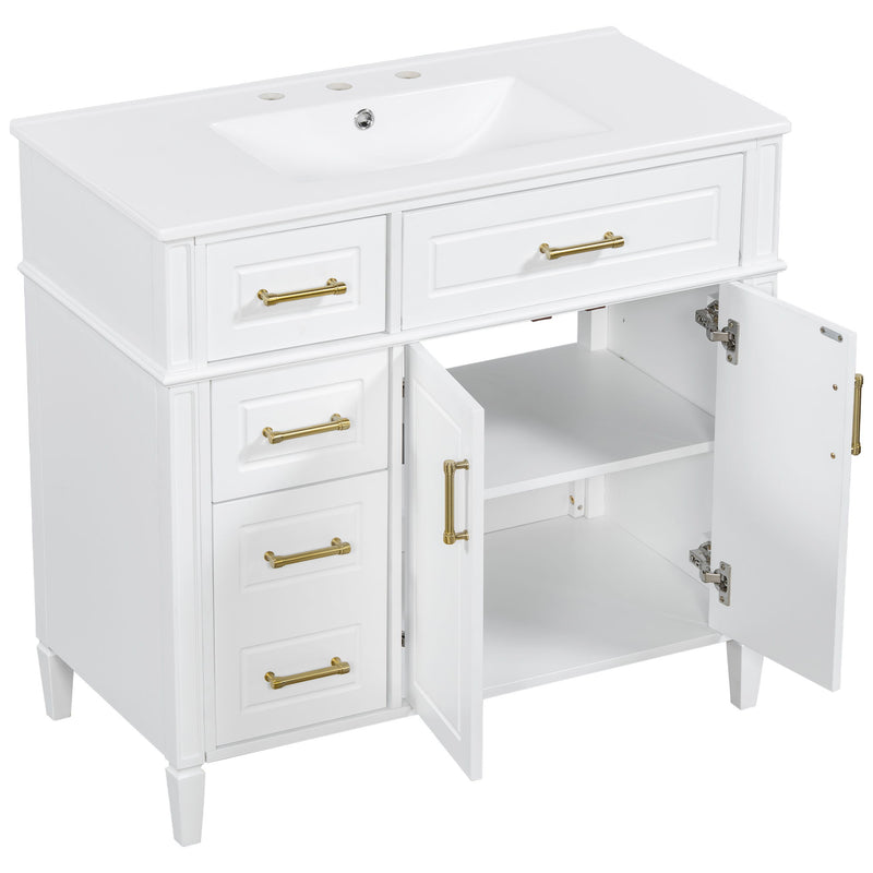 Bathroom Vanity With Sink, 4 Drawers (1 Flip Drawer), 2 Doors & Adjustable Shelf - White