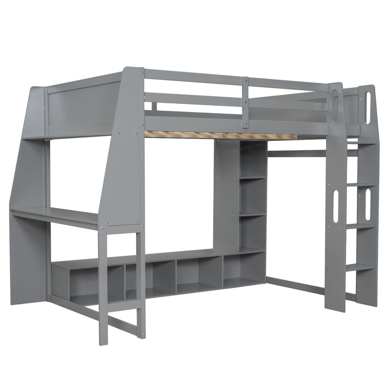 Full Size Gaming Loft Bed With Desk, Multi Storage Shelves, LED Lighting, And Hanging Clothes Rack - Gray