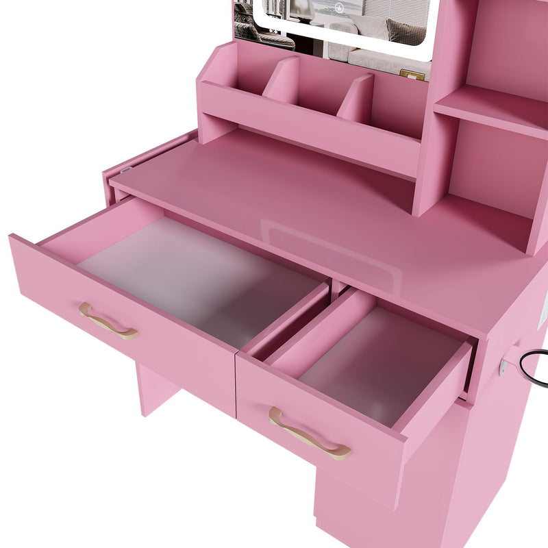 Vanity Desk With LED Mirror Lights And Charging Outlet