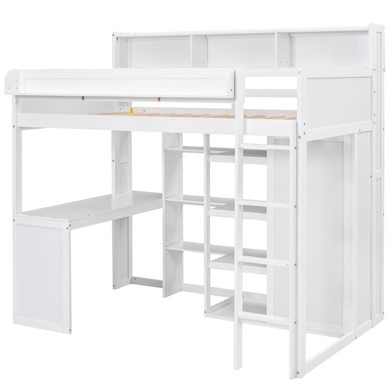 Loft Bed With Built In Desk, Storage Shelves, And Wardrobe