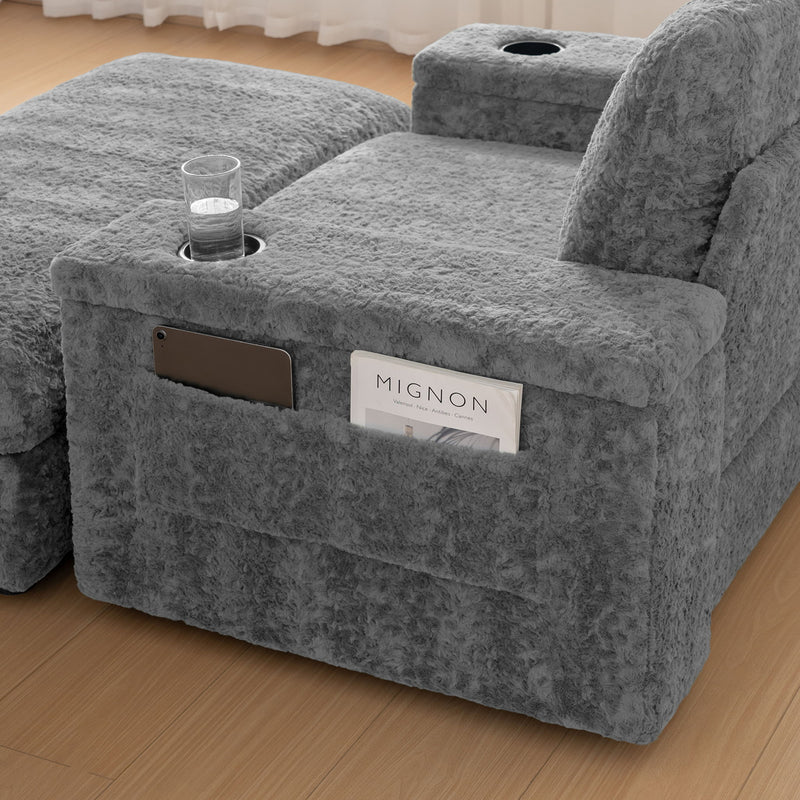 Oversized Chaise Lounge Indoor Rabbit Fur Sofa Bed With Storage Ottoman And Armrests Cup Holders With Deep Seat
