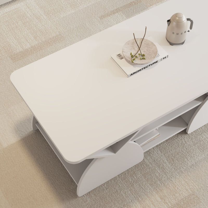 Geometric Engineered Coffee Table With Rounded Corners With Open Shelves