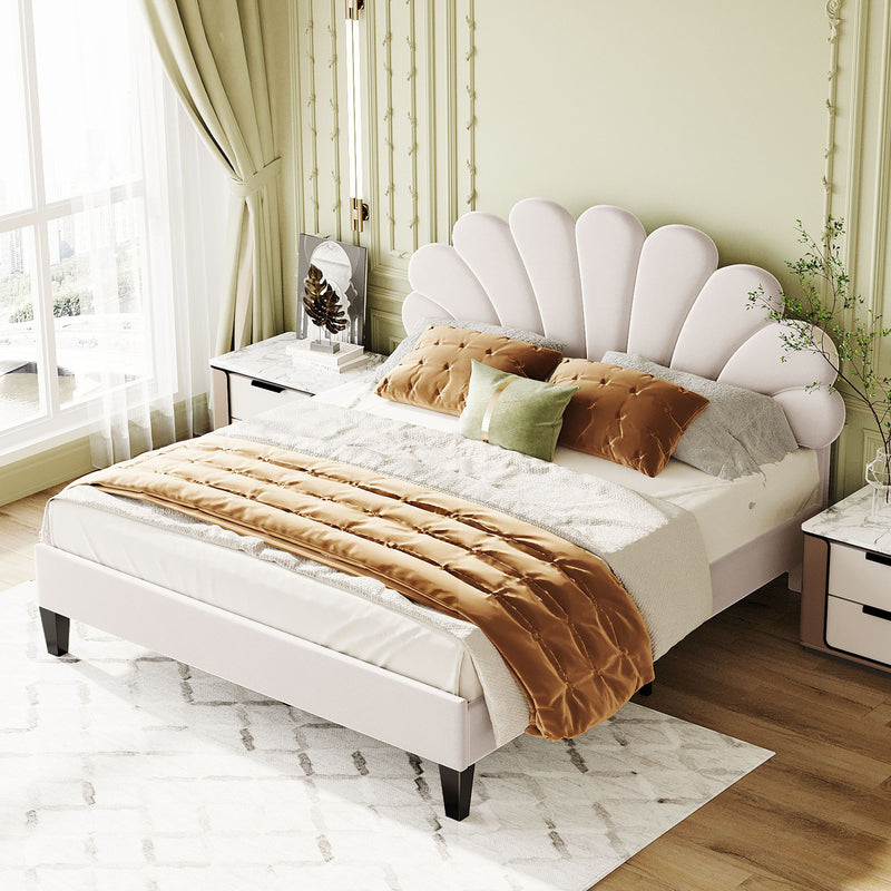 Upholstered Platform Bed With Flower Pattern Headboard