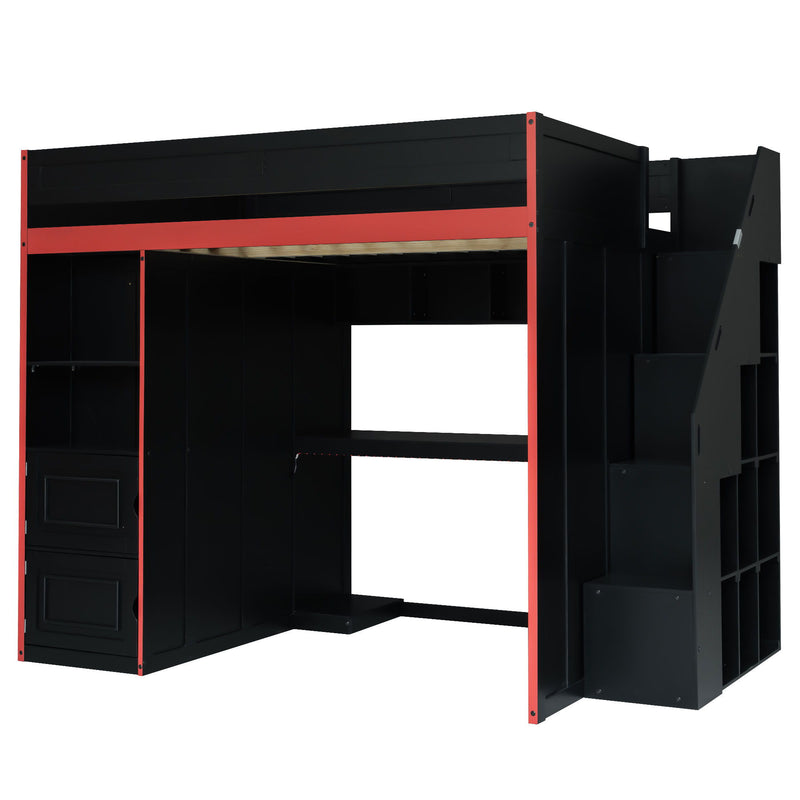 Gaming Loft Bed With Desk And Storage, LED Lights