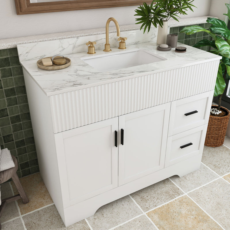 Bathroom Vanity Set, Fluted Cabinet, Soft Close Doors, 3 Faucet Holes, Sink Included - White