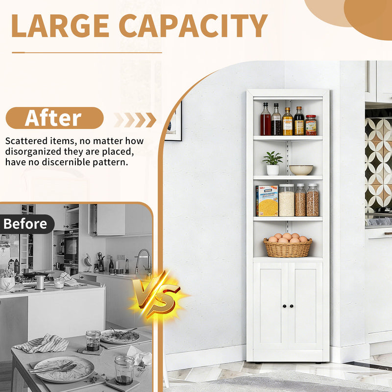 Tall Corner Storage Cabinet With 2 Doors, 5-Tier With Adjustable Shelve, Freestanding - White