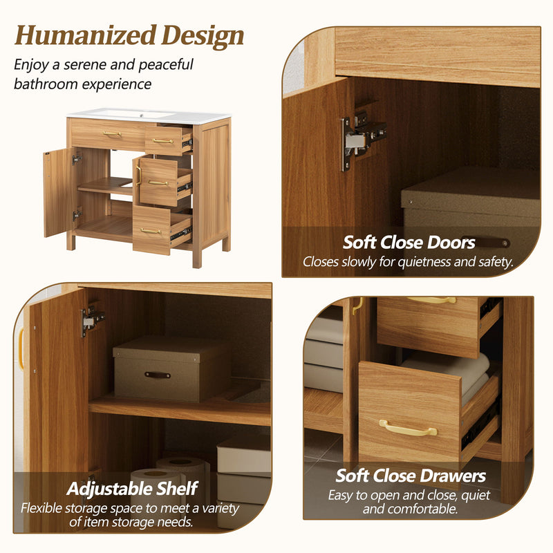 Bathroom Vanity, 2 Soft Close Doors, 3 Soft Close Drawers, Adjustable Shelf - Wood