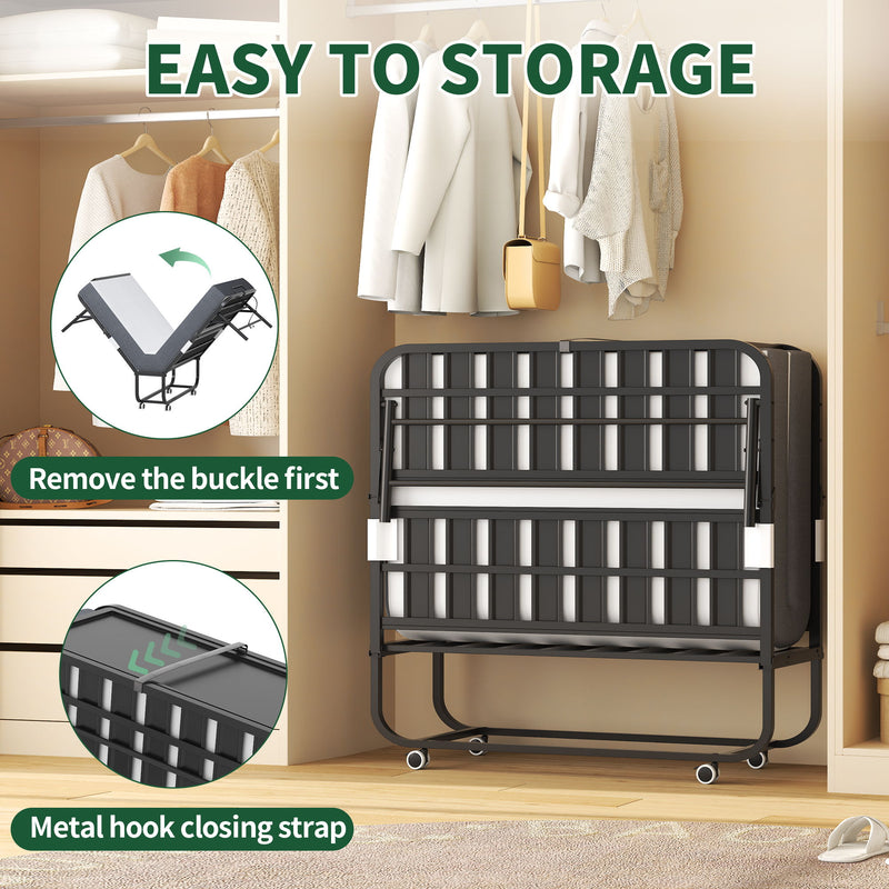 Twin Extra Long Folding Bed With Adjustable Headboard, Cot With Memory Foam Mattress - Black