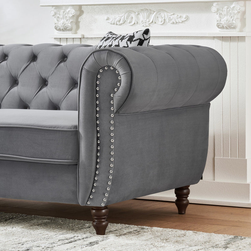Chesterfield Upholstery Fabric Sofa With Roll Armrest & Nailhead, Mid Century Modern 3 And 3 Seater Couch