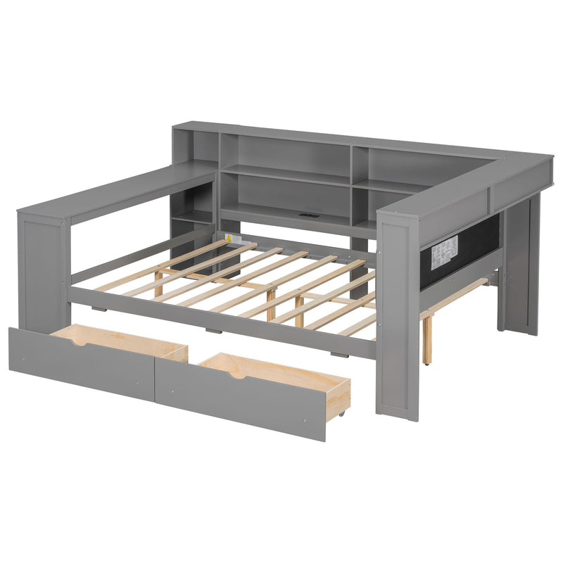 Platform Bed With Storage Shelves, Drawers, Charging Station, LED, Desk