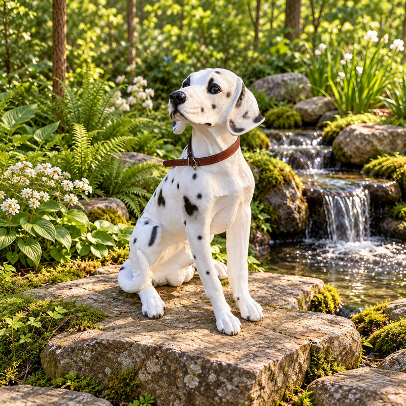 Large Dalmatian Dog Statue, Sitting Spotted Pet Sculpture For Entryway Patio - Black White